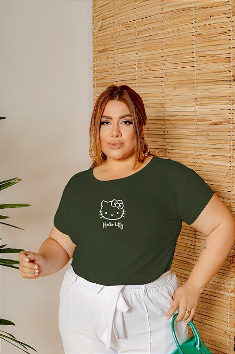 T-SHIRT PLUS SIZE HELLO KITTY DTF VERDE MILITAR XG