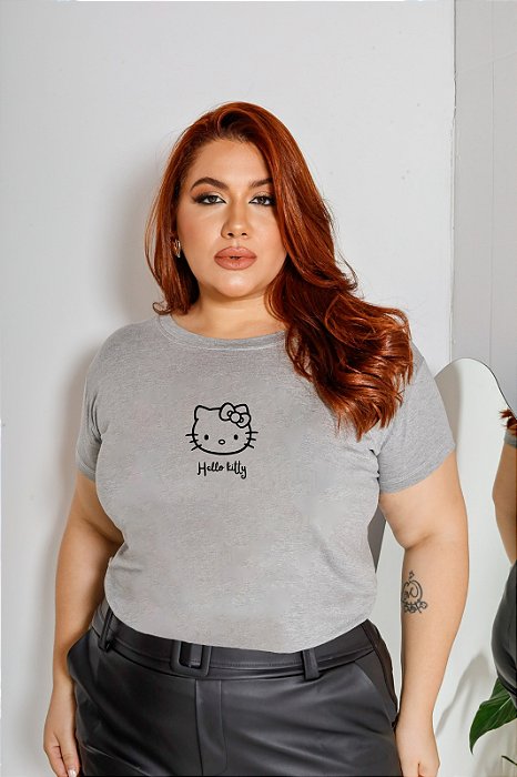 T-SHIRT PLUS SIZE HELLO KITTY DTF CINZA XG