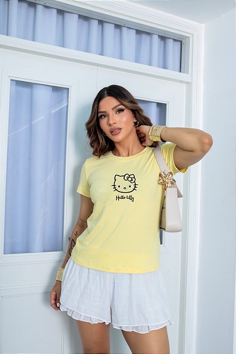 T-SHIRT HELLO KITTY DTF AMARELO BEBÊ
