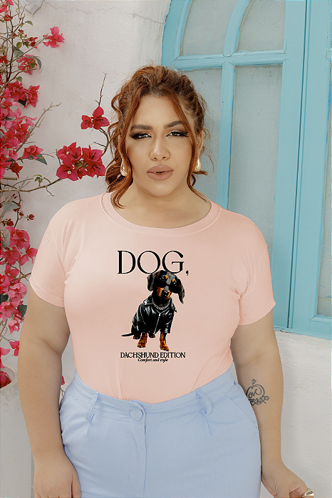 T-SHIRT PLUS SIZE DOG DACHSHUND DTF ROSA BEBÊ XG