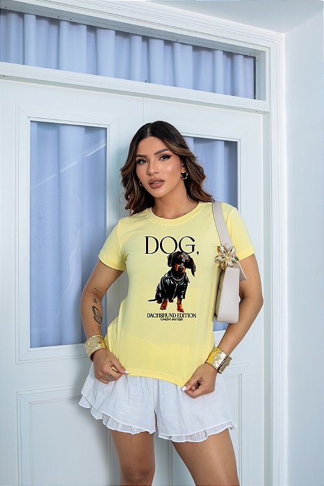 T-SHIRT DOG DACHSHUND DTF AMARELO BEBÊ