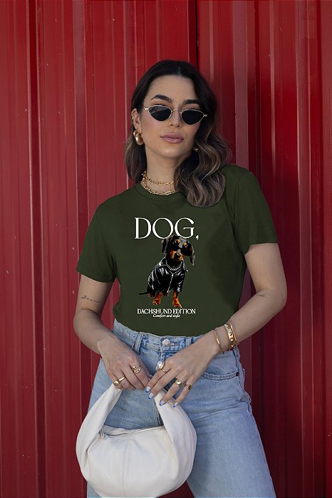 T-SHIRT DOG DACHSHUND DTF VERDE MILITAR