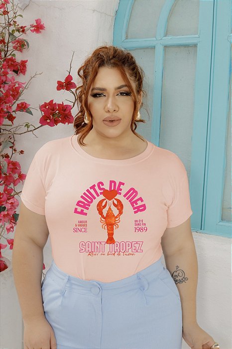 T-SHIRT PLUS SIZE FRUITS DE MEAR LAGOSTA DTF ROSA BEBÊ XG