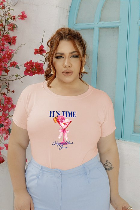 T-SHIRT PLUS SIZE IT'S TIME DRINK DTF ROSA BEBÊ XG