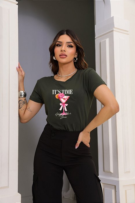 T-SHIRT IT'S TIME DRINK DTF VERDE MILITAR