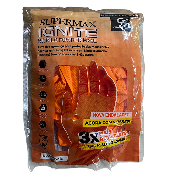 Luva Nitrílica Ignite Powder Free Laranja 5 Pares Tamanho G Supermax