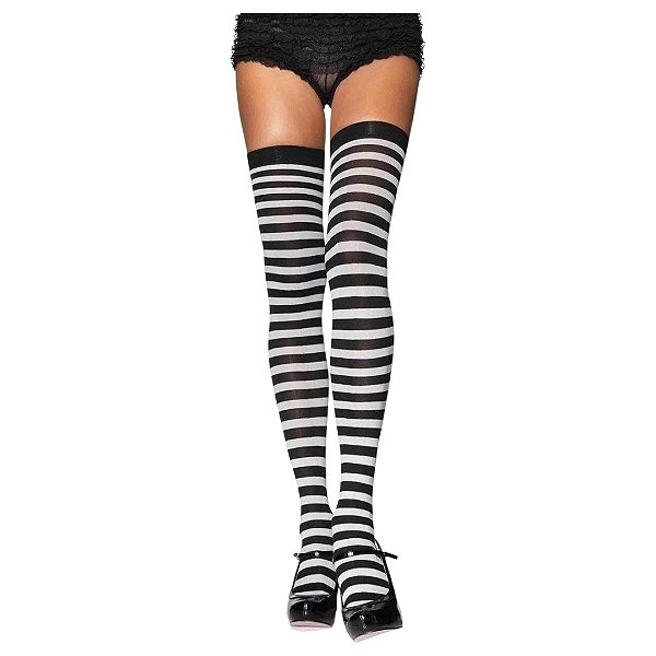 Meia Calça Listrada 7/8 Cosplay Branca e Preta Acessorio Noiva Cadaver Mimico Mágico Carnaval Bloquinho Halloween Dia das Bruxas