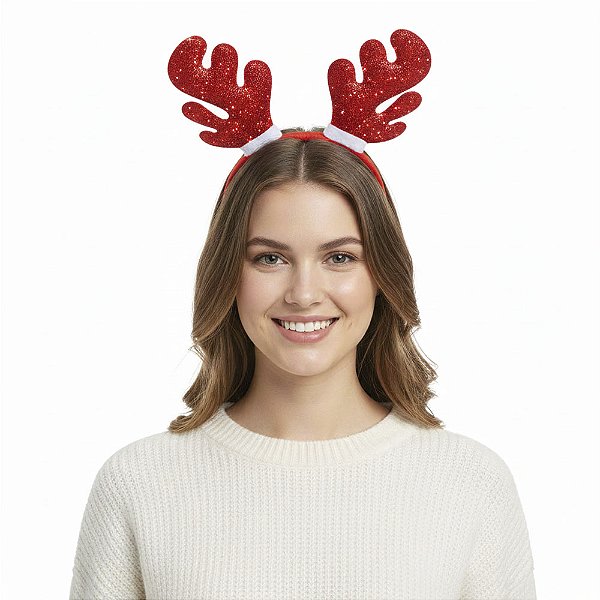 Tiara De Natal Rena Com Brilho Arquinho Vermelho Natalino Chifres De Rena Alce Adulto Infantil Papai Noel