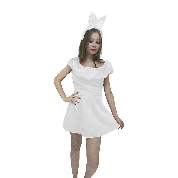 Fantasia Vestido Coelhinha da Páscoa Coelha Branca Adulto Pelúcia Feminina Carnaval Halloween Zumbi Terror