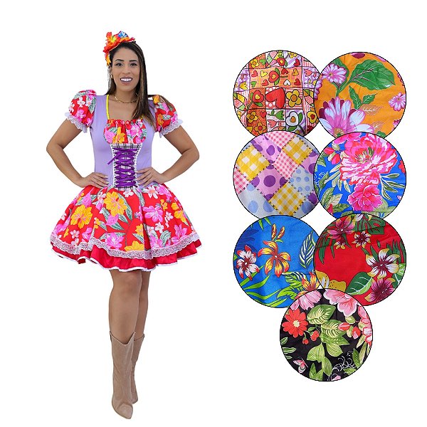 Vestido Festa Junina Rodado Caipira Adulto Anita Caipirinha São João Arraiá Quadrilha Quermesse