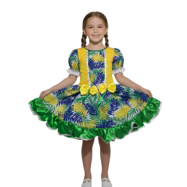 Vestido Brasil Verde e Amarelo Infantil para Copa do Mundo Festa Junina Torcida Organizada