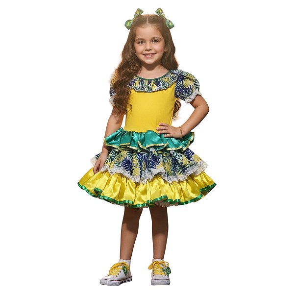 Vestido Brasil Verde e Amarelo Infantil para Copa do Mundo Festa Junina Torcida Organizada