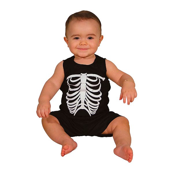 Fantasia Halloween Esqueleto Bebê Menino 1 Ano Traje Conjunto Esqueletinho Bebe Regata
