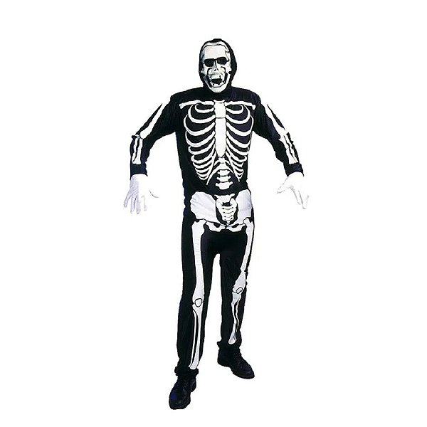 Fantasia Halloween Esqueleto Macacão Caveira Adulto Masculino Longo Com Máscara Cosplay