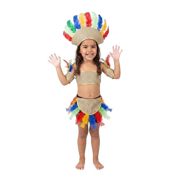 Fantasia De Índia Infantil Com Acessórios Completa Luxo Carnaval Dia Do Índio Folclore Festa Fantasia Aniversário Menina Criança