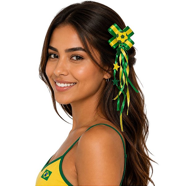 Presilha De Cabelo Tic Tac Copa do Mundo Brasil Laço Enfeite Torcida Prendedor Brilho Grampo Decorado