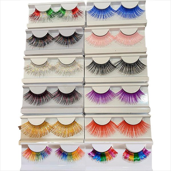 Cílios Postiços Mega Volume Coloridos Carnaval Brilhante Make Bloquinho Maquiagem Festa Fantasia