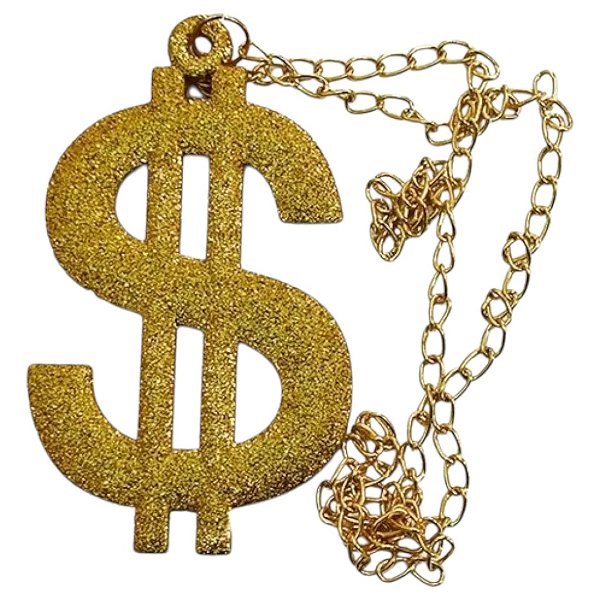 Colar Cifrão Dourado Acessório Cosplay Fantasia Rapper Hip Hop Riqueza Dólar Gangster Cafetão Festa Ostentação Carnaval Bloquinho