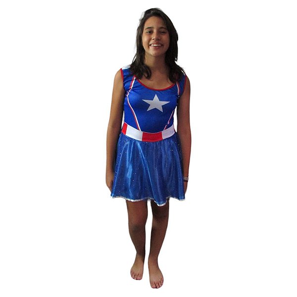 Fantasia Capitã América Vestido Capitão America Cosplay Super Herói Feminina Personagem de Heroína Animação de Festa de Aniversário Recreação Dia das Crianças Carnaval