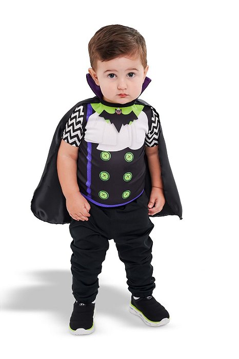 Fantasia Vampirinho Bebê Menino Conde Drácula Vampiro Infantil com Capa Festa Halloween Dia das Bruxas Noites do Terror