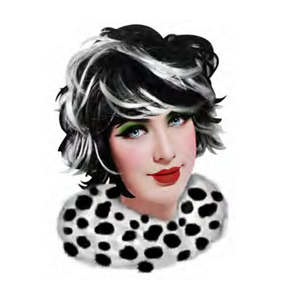 Peruca Cruela Cosplay 101 Dálmatas Acessório Fantasia Bruxa Cabelo Bicolor Preto e Branco Festa Halloween Carnaval