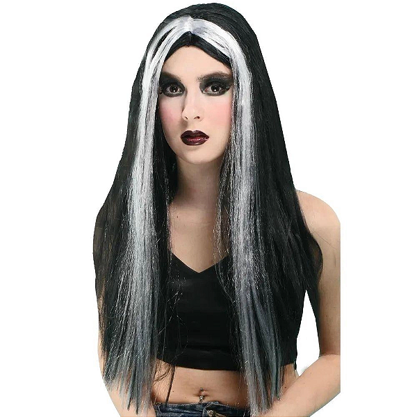 Peruca Mortícia Cabelo Preto com Mechas Brancas Cosplay Família Addams Bruxa Festa Halloween Dia das Bruxas Noites do Terror