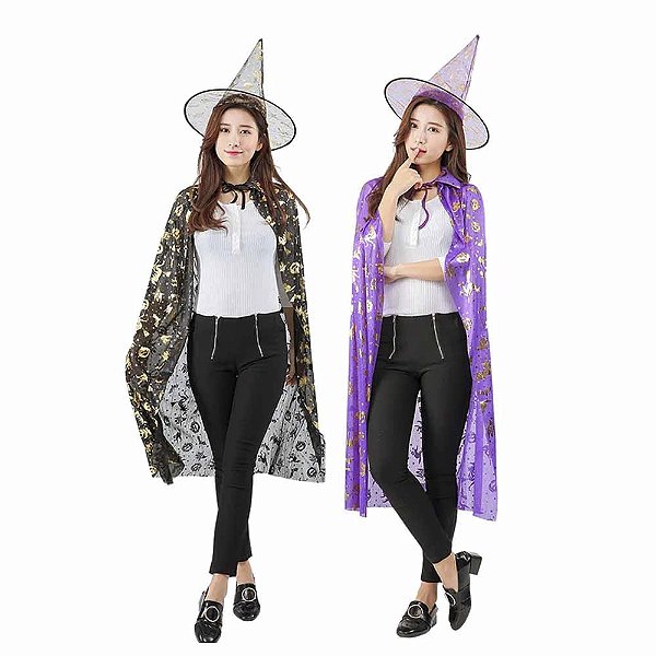 Fantasia Kit Bruxo Adulto Capa e Chapéu Bruxa Bruxinha Feiticeiro Mago Halloween Cosplay Dia das Bruxas Sexta Feira 13