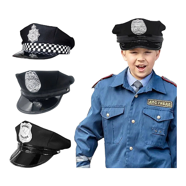 Quepe Policial Infantil Chapéu Preto Acessório Fantasia Polícia Guarda Segurança das Alianças Casamento Festa Aniversário Carnaval Bloquinho