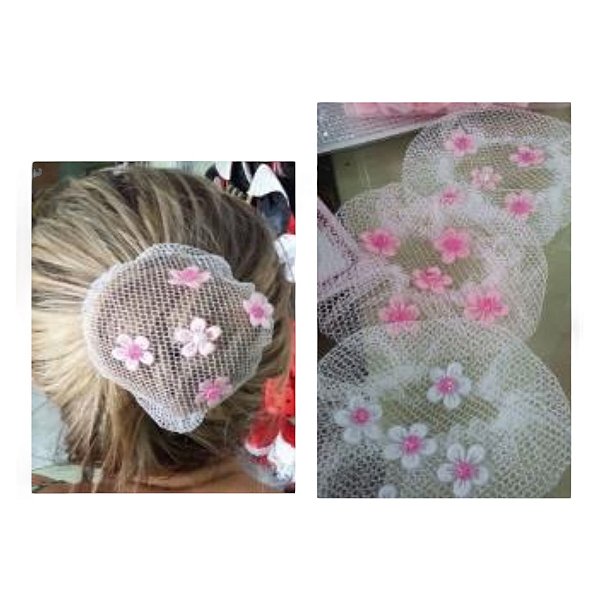 Rede para Coque Redinha de Cabelo com Flores Acessório Bailarina Dançarina Ballet