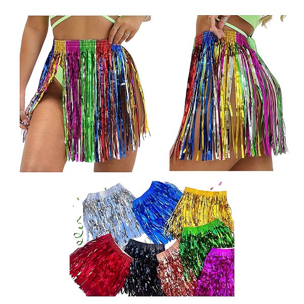 Saia Havaiana Metalizada 40cm Fitilho Colorido Fantasia Bloquinho Carnaval Bloco de Rua Festa Tropical Havaí
