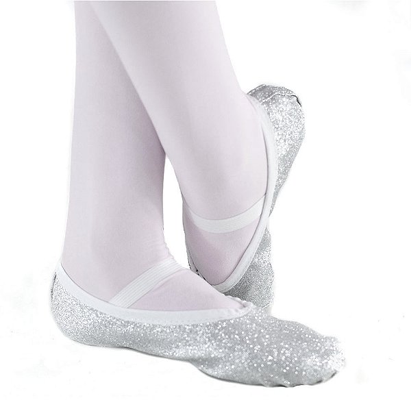 Sapatilha Meia Ponta Prata com Glitter para Ballet Acessório Fantasia Sapato com Brilho Bailarina Dançarina Balé Jazz Teatro