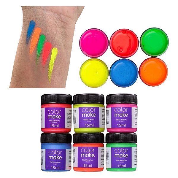 Tinta Líquida Brilha no Escuro Luz Negra Fluorescente para Maquiagem Artística Pintura Facial e Corporal Make Desenhos e Figuras Recreação Festa Aniversário Carnaval Bloquinho