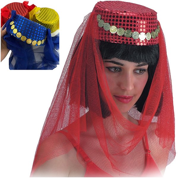 Turbante Árabe Feminino Acessório Chapéu Fantasia Odalisca Dançarina Marroquina Muçulmana Dança do Ventre Festa Carnaval Bloquinho