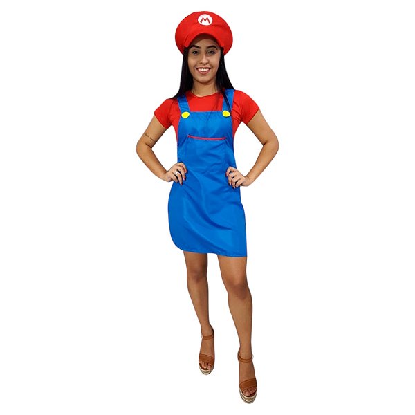 Fantasia Mário Feminina Adulto Jogo Super Mario Bros Cosplay Anime Game Jardineira Portuga Vermelha Personagem Animação Festa de Aniversário Recreação Carnaval Bloquinho