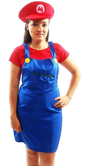 Fantasia Mário Feminina Infantil Jogo Super Mario Bros Cosplay Anime Game Jardineira Portuga Vermelha Presente Menina Festa de Aniversário Carnaval Bloquinho