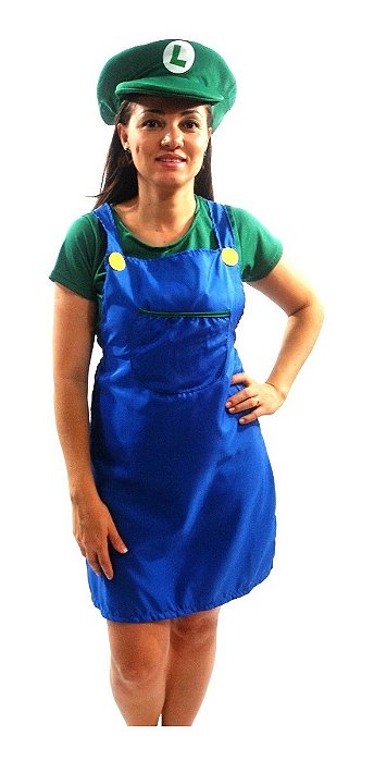 Fantasia Luigi Feminina Infantil Jogo Super Mario Bros Cosplay Anime Game Jardineira Portuga Verde Presente Menina Festa de Aniversário Carnaval Bloquinho