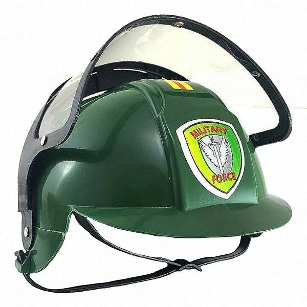 Capacete Soldado com Viseira Uniforme Exército Força Militar Treinamento Camuflagem Acessório Fantasia Profissões Dia das Crianças Festa de Aniversario Bloquinho Carnaval