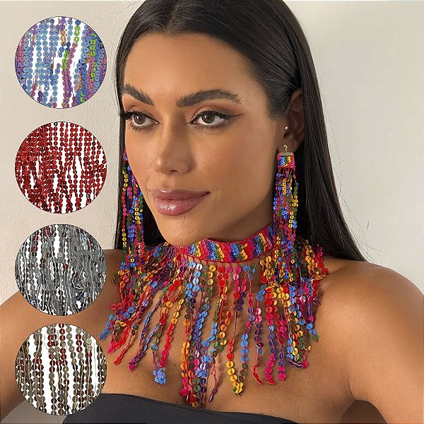 Colar Choker de Paetê Gargantilha com Franjas Brinco de Fitilhos Brilhantes Dançarina Acessório Brilho Carnaval Bloquinho Dança do Ventre