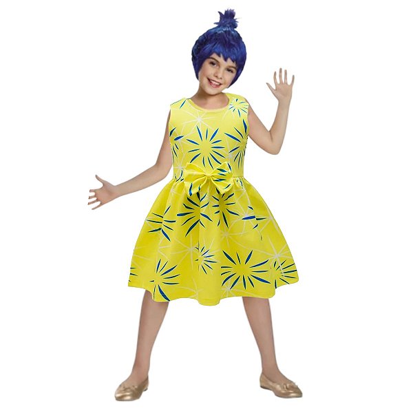 antasia Alegria Divertidamente Infantil Filme Emoções Vestido Amarelo Festa de Aniversário Bloquinho Carnaval Presente Dia das Crianças Menina