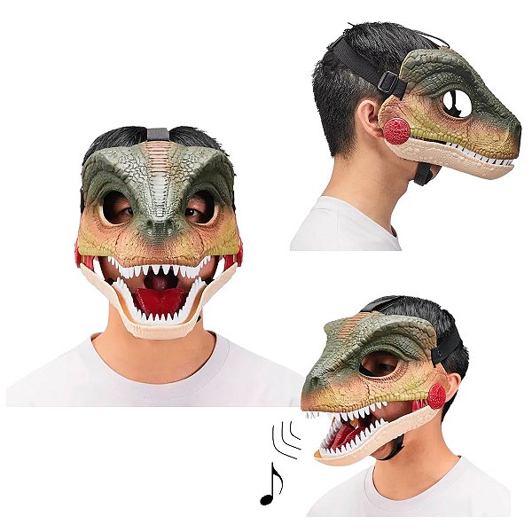 Máscara Dinossauro Velociraptor T-Rex Articulável com Som Filme Jurassic World Festa Aniversário Carnaval Halloween
