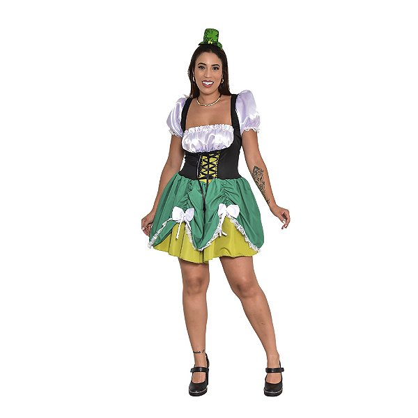 Fantasia Duende Feminina Vestido Verde Camponesa Adulto Oktoberfest Leprechaun Saint St. Patrick´s Day Dia de São Patrício Carnaval Natal