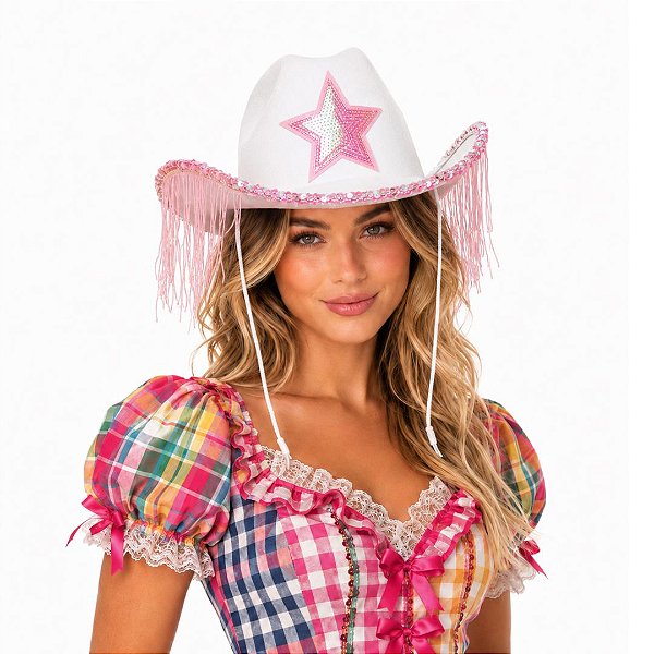 Chapéu Country com Franjas Cowgirl Vaqueira Rosa com Franja Peoa Boiadeira Caipira Rodeio Festa Junina Sertanejo