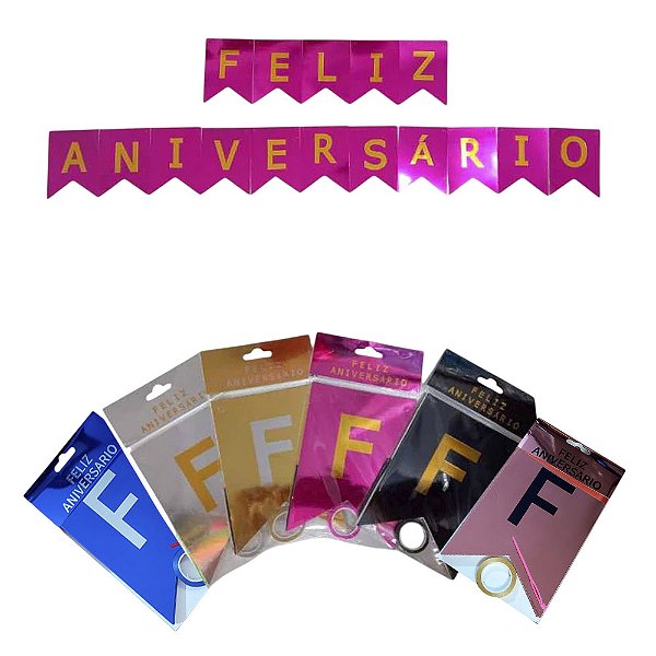 Kit Faixa Feliz Aniversário Bandeirinhas de Papel Metalizado Enfeite Decoração de Mesa Festa Comemoração Debutante