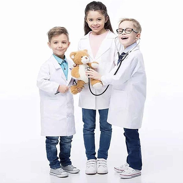 Fantasia Infantil Médica Doutora Cirurgiã Dentista Veterinária Jaleco Médico Doutor Cirurgião Veterinário Uniforme Profissões Dia das Crianças Bloquinho Carnaval Festa de Aniversario Presente