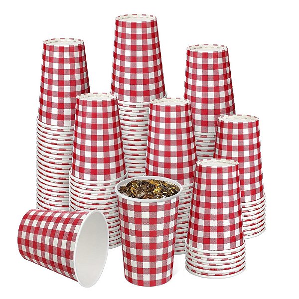 Copo Descartável Xadrez Vermelho Decoração de Mesa Tema Caipira Piquenique Enfeite Comemoração Festa Junina Arraiá São João