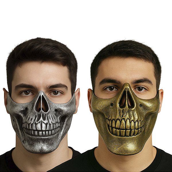 Máscara Meio Rosto Caveira Esqueleto Metalizada Acessório Fantasia Halloween Morte Festa Dia das Bruxas Sexta Feira 13 Noites do Terror