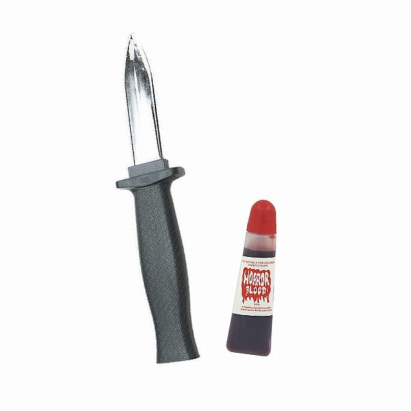 Faca Mágica de Plástico com Sangue Fake de Brinquedo Acessório Cosplay Fantasia Assassino Serial Killer Festa Haloween Noite Terror