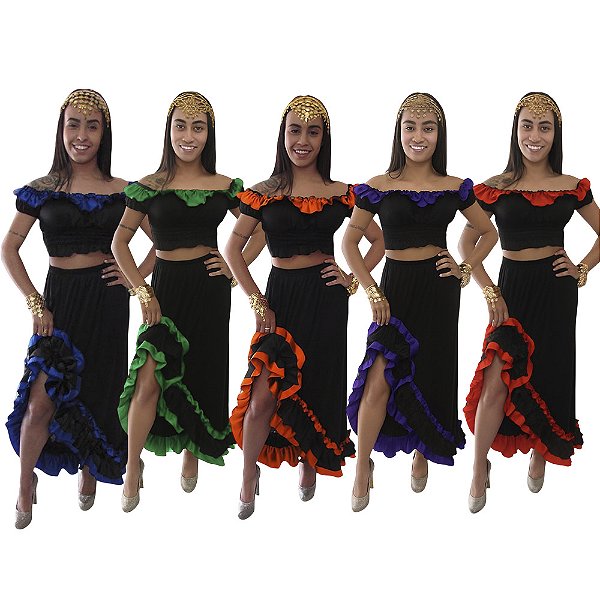 Fantasia Cigana Adulto Feminina Conjunto Espanhola Dança do Ventre Dançarina Flamenco Bailarina Traje Festa Flamenca