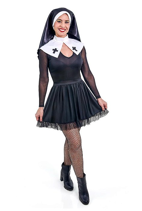 Fantasia Freira Adulto Vestido Noviça Rebelde Irmã Religiosa Cosplay Carnaval Bloquinho Festa Halloween Noites Terror