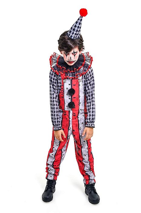 Fantasia Palhacinho Assustador Infantil Pierrot  Zumbi Menino Circo Macabro Halloween Dia das Bruxas Noites do Terror Carnaval